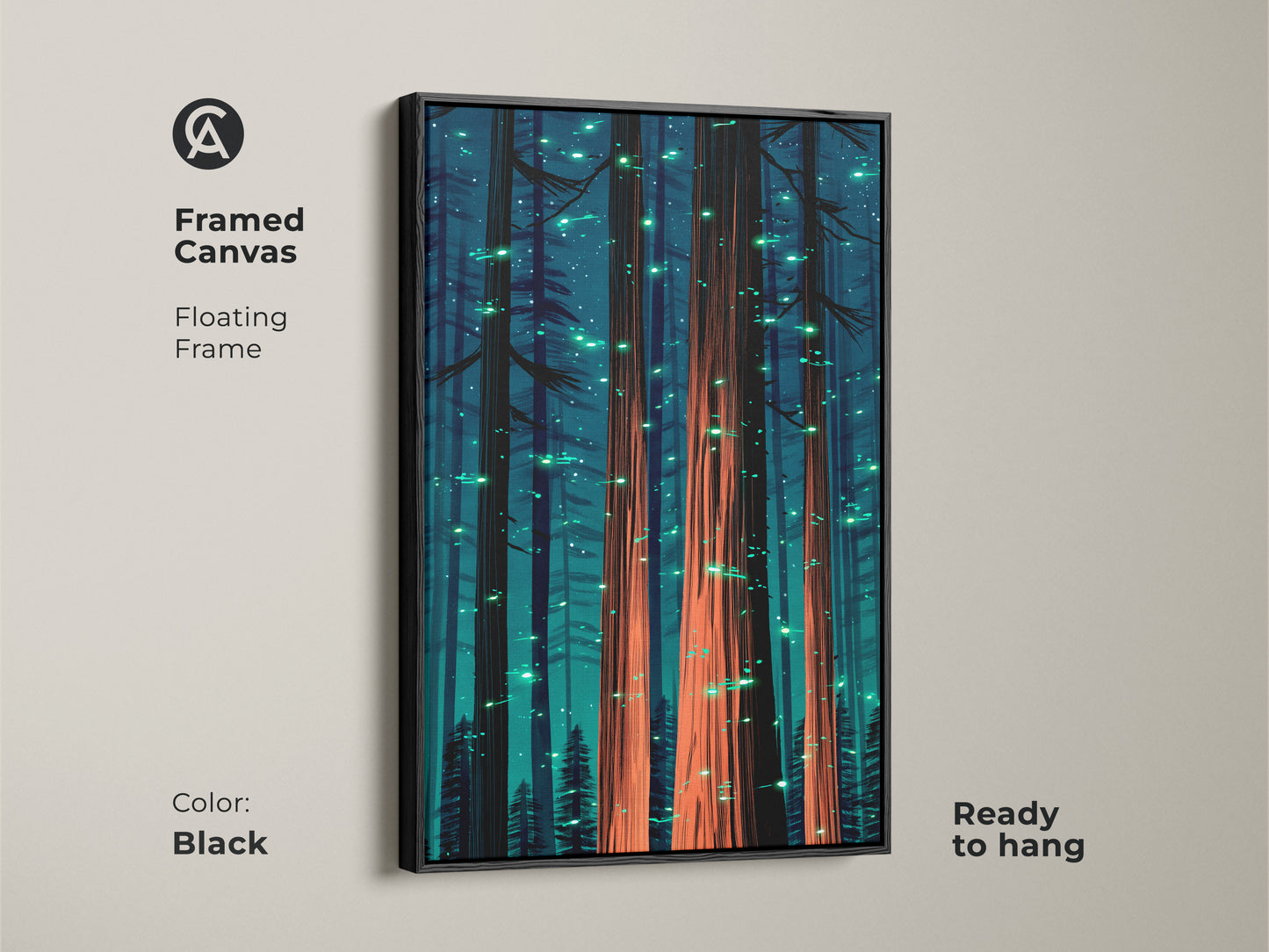 Framed canvas featuring glowing trees artwork. A floating black frame enhances the fantasy forest print. Deep teal and coral orange create an eclectic look. Ready to hang this nature artwork in your living room.