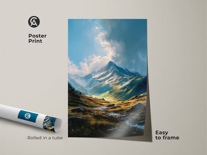 Poster print of a scenic mountain view. The artwork is easy to frame and arrives rolled in a tube. The poster features a vibrant mountain landscape. Bring the beauty of nature indoors with this museum-quality paper print.