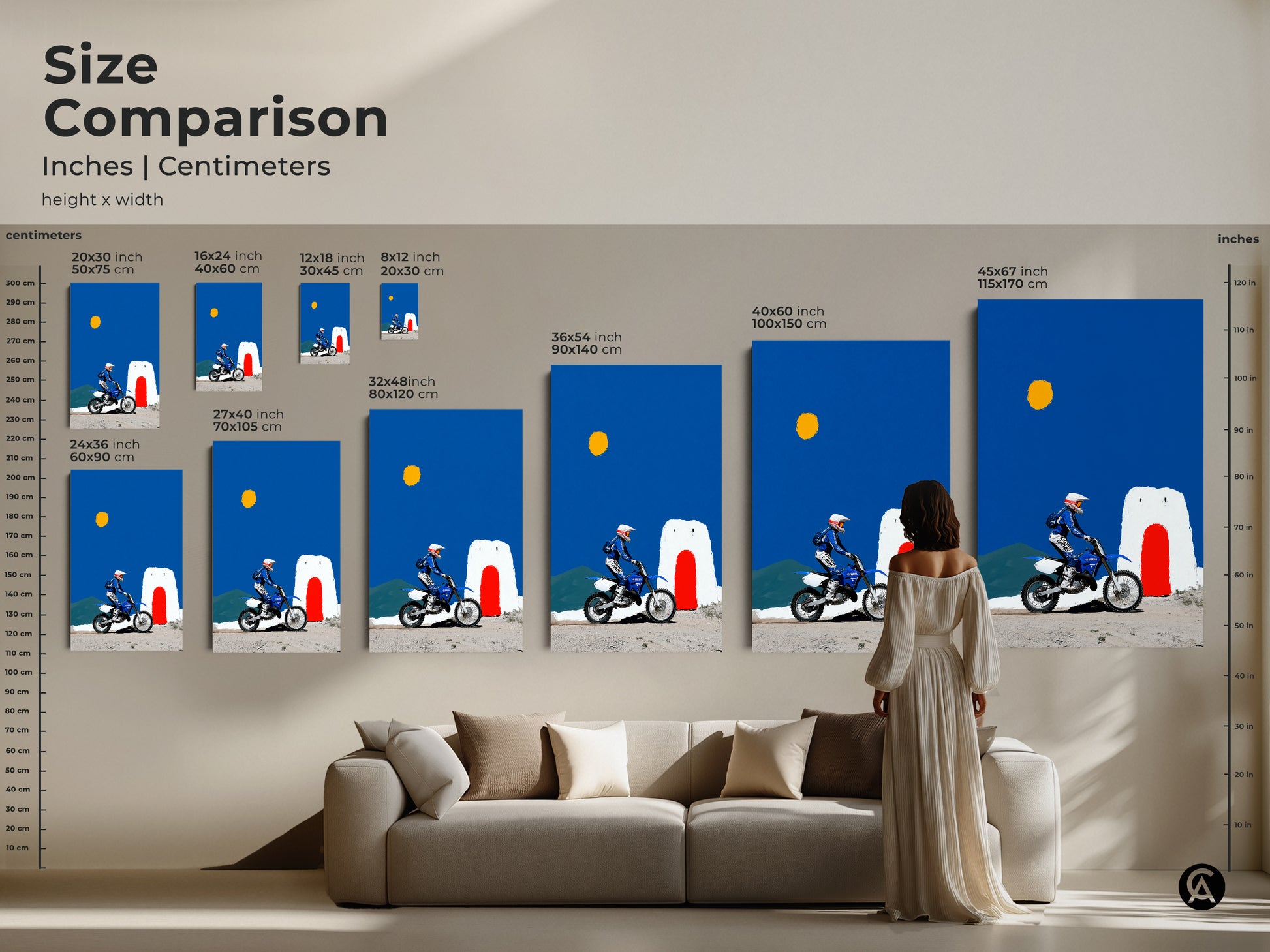 Size comparison of the Motocross Rider art. Inches and centimeters displayed for canvas and poster prints. From small to extra-large sizes. This artwork is great for any space. Find the perfect size for your home decor now.