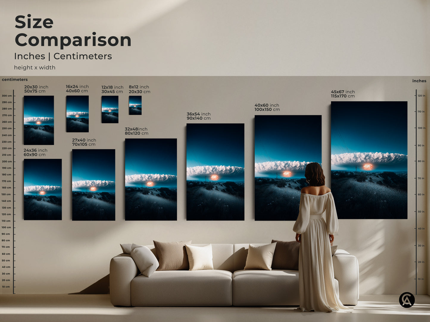 Size comparison of surreal nuclear explosion canvas. See how the art scales from small to large over a sofa. Visualize the impact of this deep blue and orange artwork in your living space. Perfect for modern wall art and conceptual office decor.