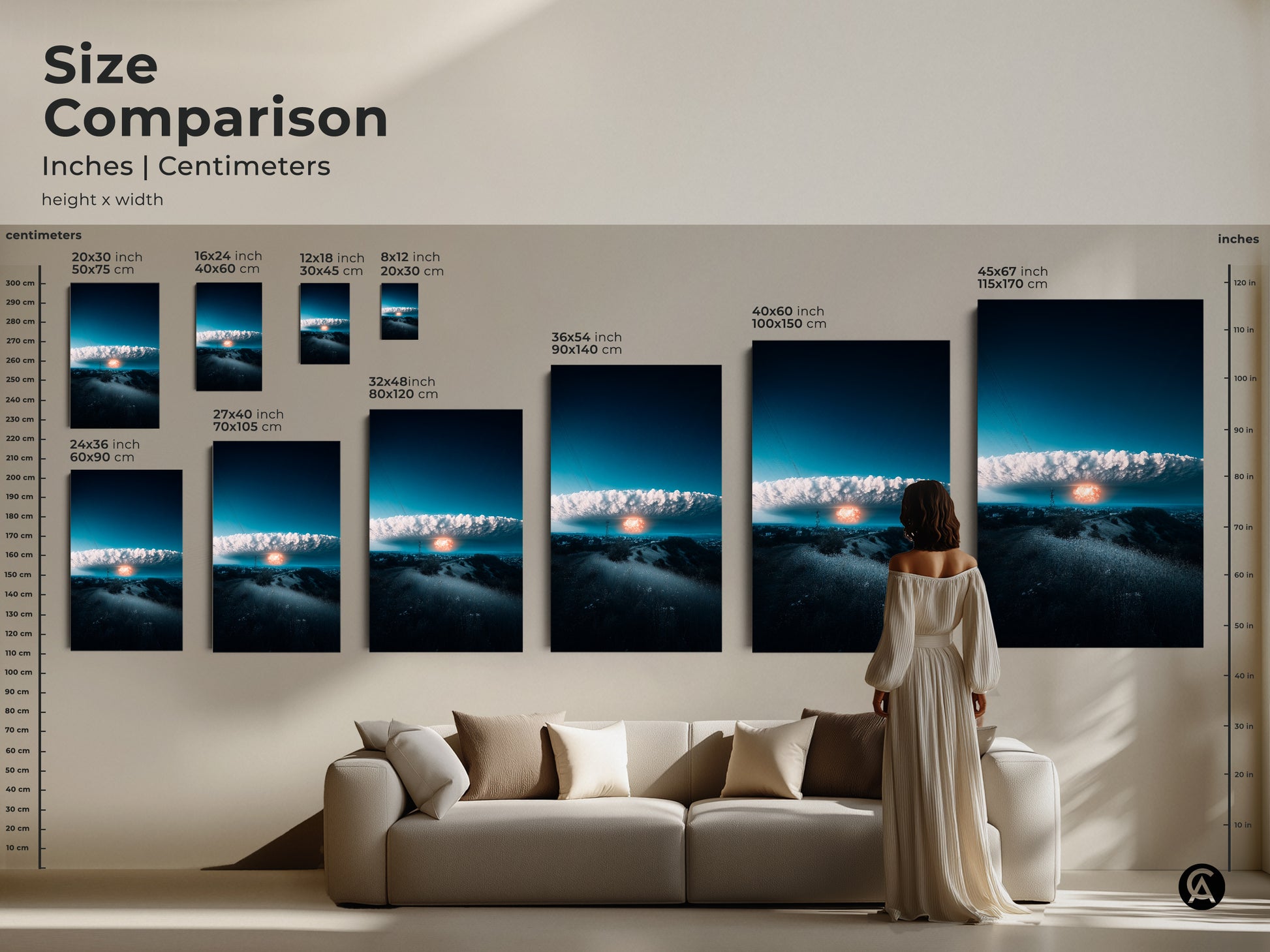 Size comparison of surreal nuclear explosion canvas. See how the art scales from small to large over a sofa. Visualize the impact of this deep blue and orange artwork in your living space. Perfect for modern wall art and conceptual office decor.