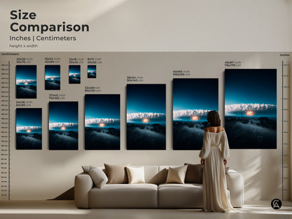 Size comparison of surreal nuclear explosion canvas. See how the art scales from small to large over a sofa. Visualize the impact of this deep blue and orange artwork in your living space. Perfect for modern wall art and conceptual office decor.