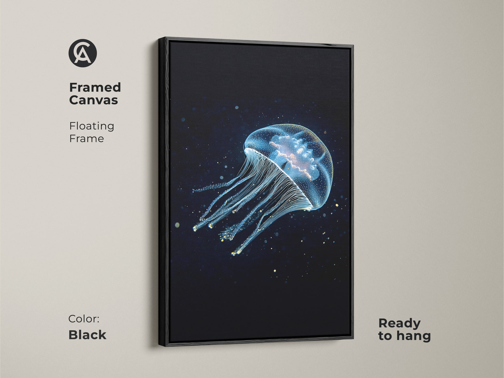A framed canvas with a black floating frame features abstract jellyfish art. This deep blue and cyan artwork is ready to hang. The contemporary marine life artwork enhances any space. It's a stylish gift for ocean enthusiasts.