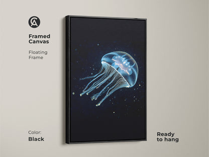 A framed canvas with a black floating frame features abstract jellyfish art. This deep blue and cyan artwork is ready to hang. The contemporary marine life artwork enhances any space. It's a stylish gift for ocean enthusiasts.
