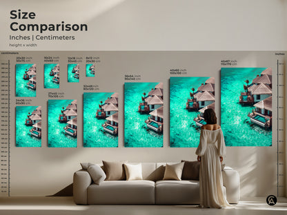 Size Comparison of turquoise ocean bungalow wall art. This is ideal coastal beach house decor. The luxury villa ocean view is vacation vibes wall decor. Add serene ocean view print to your home today. Multiple sizes in inches or centimeters