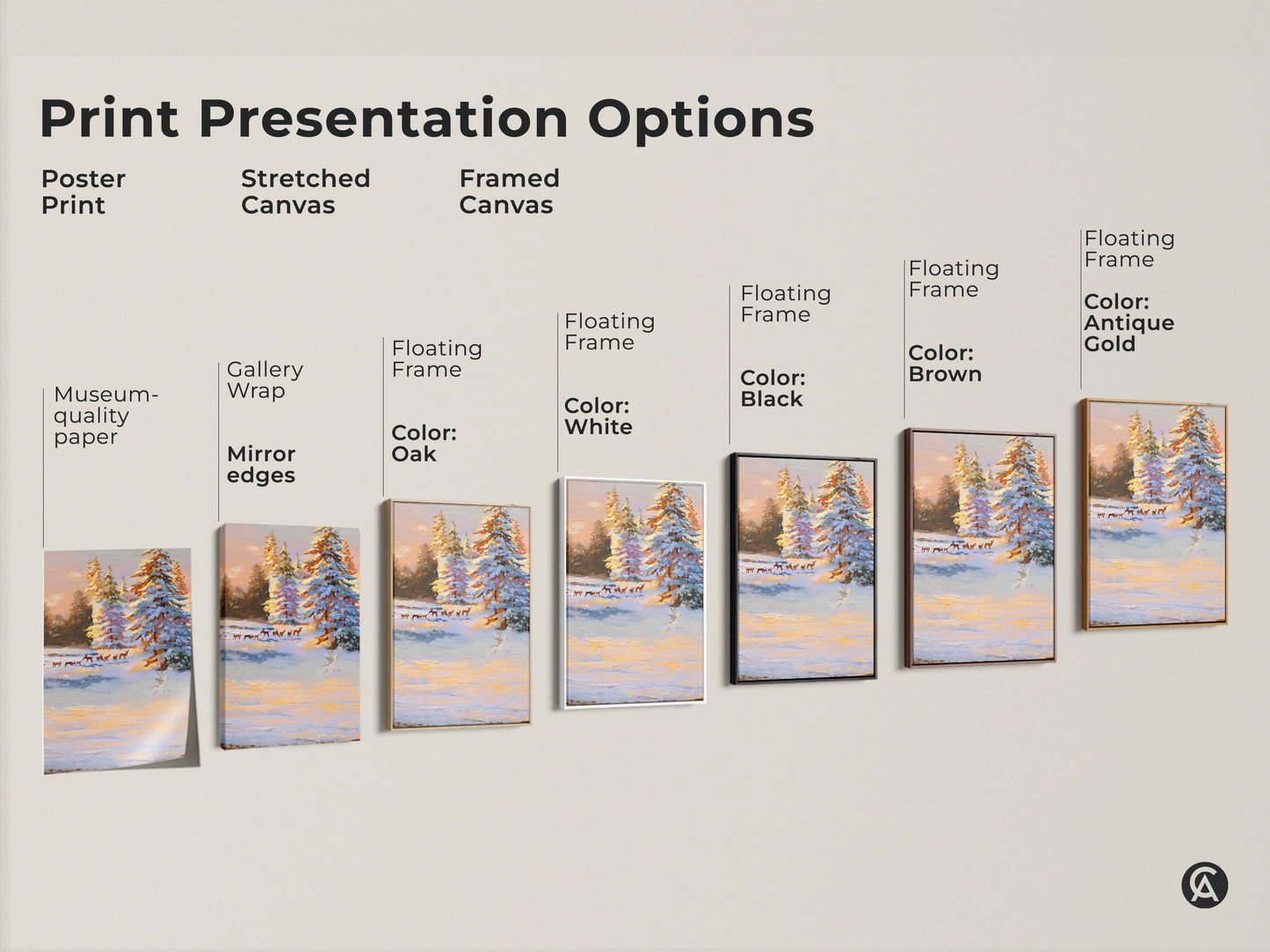 Explore print presentation options for snowy pine trees and deer art. Choose from poster stretched or framed canvas. Available with gallery wrap museum quality paper and floating frames in oak white black brown and antique gold.