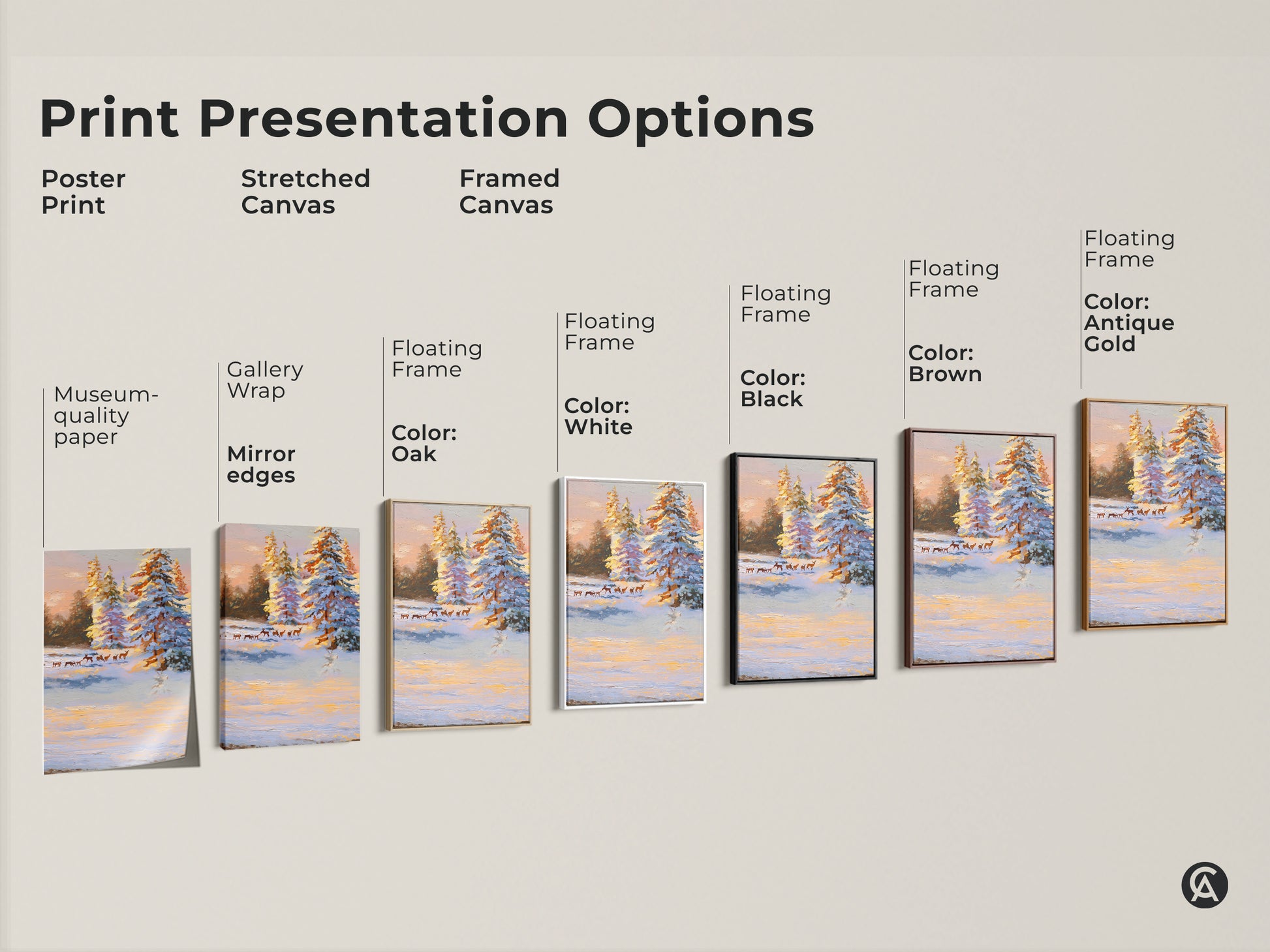Explore print presentation options for snowy pine trees and deer art. Choose from poster stretched or framed canvas. Available with gallery wrap museum quality paper and floating frames in oak white black brown and antique gold.