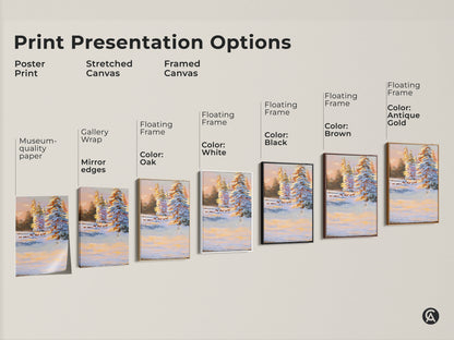 Explore print presentation options for snowy pine trees and deer art. Choose from poster stretched or framed canvas. Available with gallery wrap museum quality paper and floating frames in oak white black brown and antique gold.