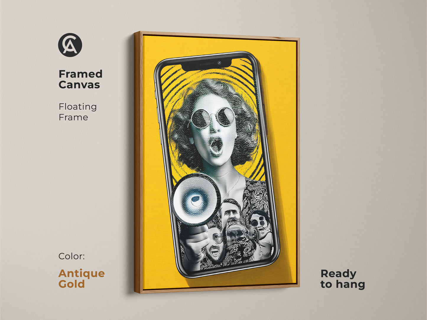 Framed canvas floating frame in antique gold showcasing the pop art collage. This artwork features a woman with a megaphone. This striking visual art is ready to hang. It's vibrant office art. It will enhance creative workspace decor.