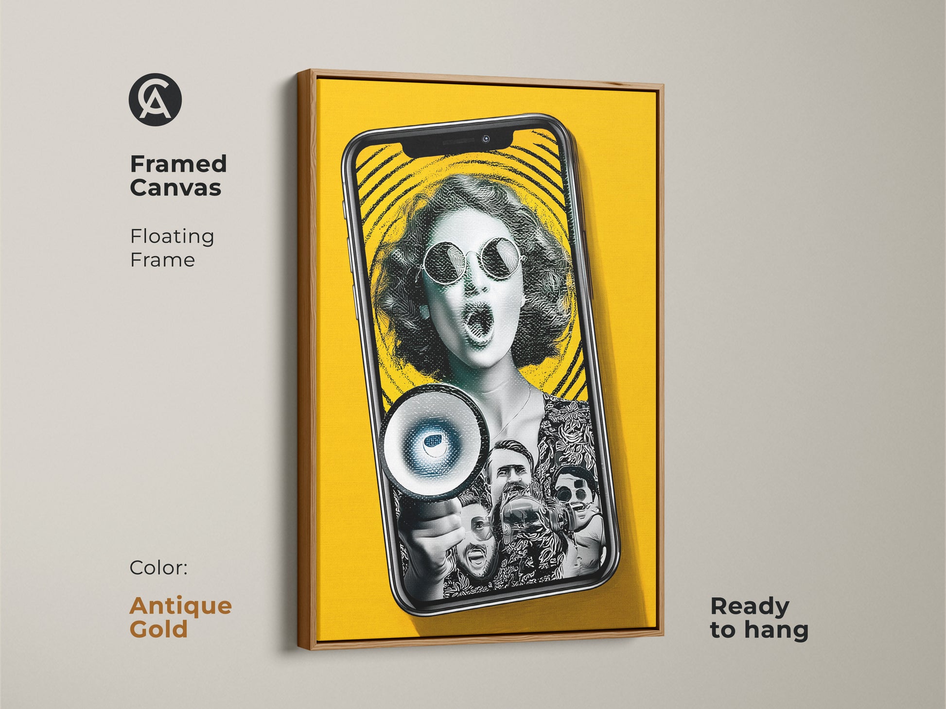 Framed canvas floating frame in antique gold showcasing the pop art collage. This artwork features a woman with a megaphone. This striking visual art is ready to hang. It's vibrant office art. It will enhance creative workspace decor.