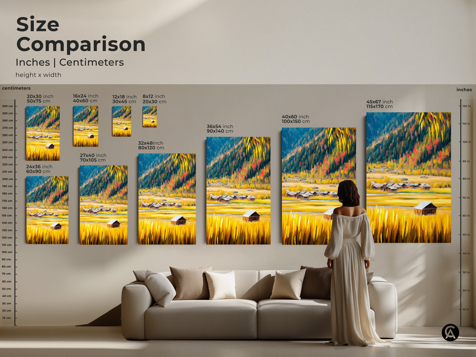 Size comparison of a rustic barn landscape art print. See how canvas sizes range from 20x30 cm to 45x67 inch. Featuring a golden yellow field and blue mountain scene this farmhouse art is a great decor piece. Visualize the perfect size for your space.