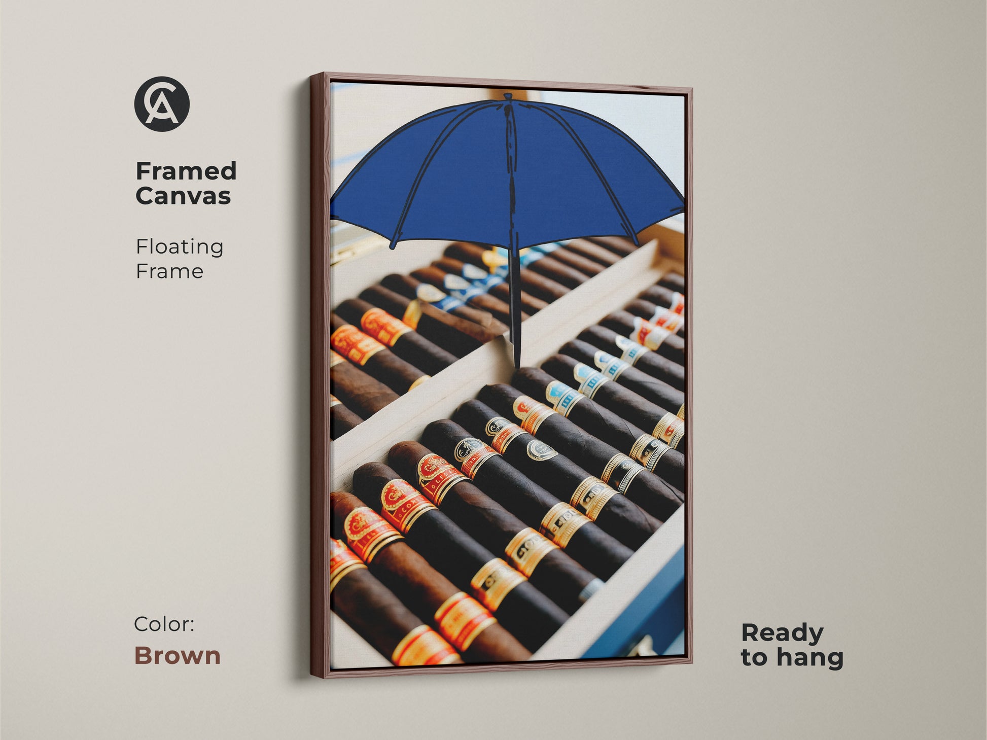 Brown framed canvas print of a cigar box with a blue umbrella. Ready to hang for easy office or home decor. This piece is contemporary tobacco art. Ideal for adding warmth with its brown and gold hues. Perfect as a unique and artistic cigar lover gift.