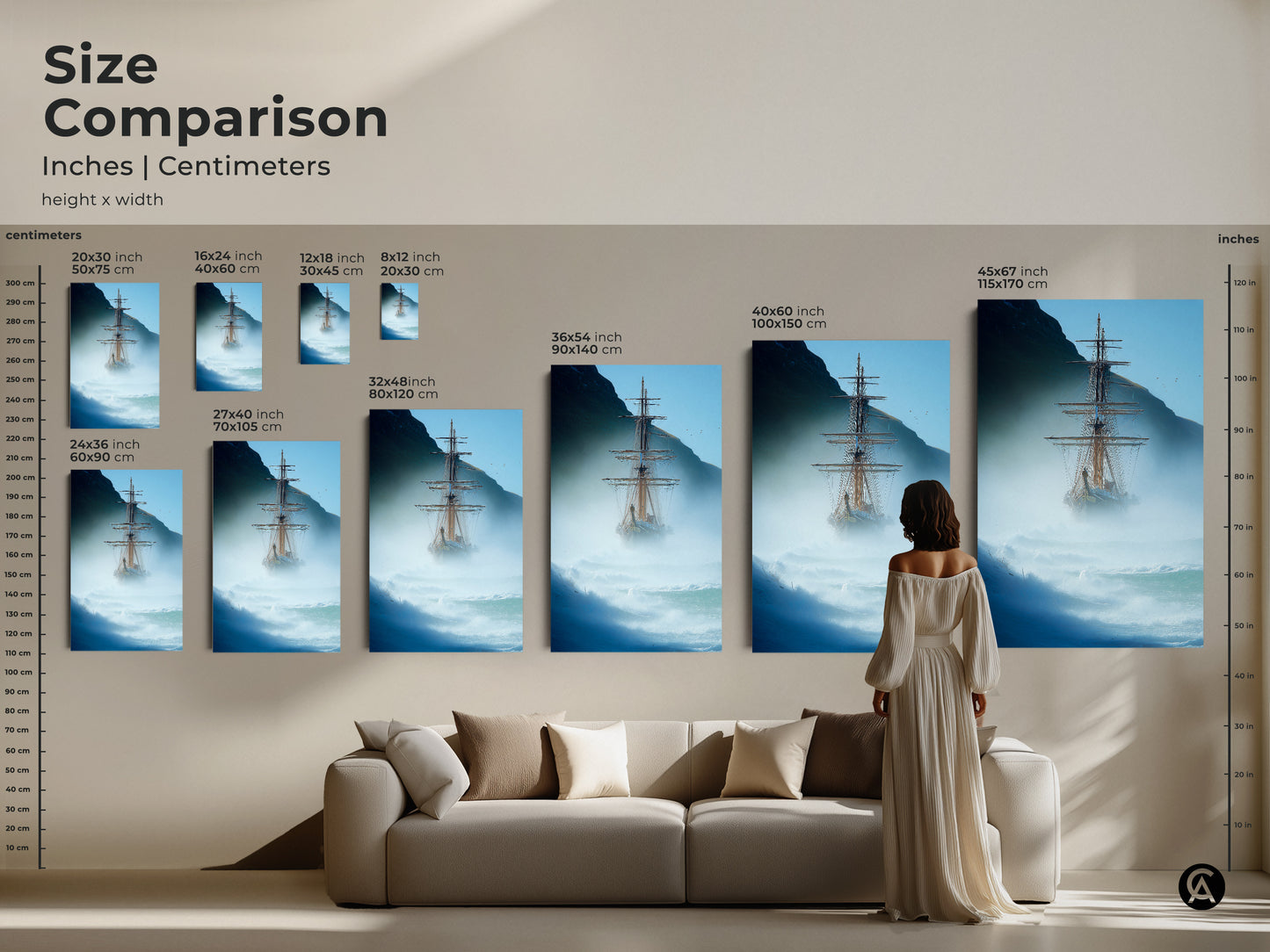 Compare the sizes of tall ship artwork. See how each canvas print fits above a sofa. Explore nautical wall decor options in various sizes to enhance your space. Choose the perfect maritime art to bring coastal style to any room in your home or office.