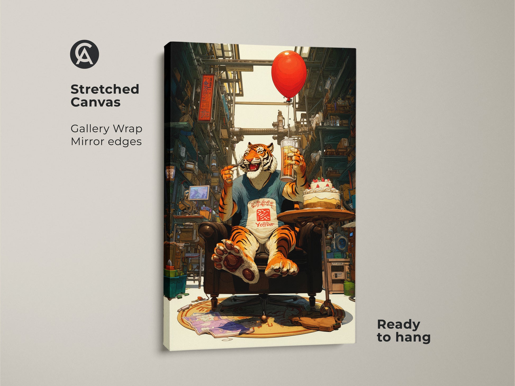 A stretched canvas gallery wrap shows a tiger with beer canvas art. The image is a funny tiger office art. Perfect as an eclectic birthday gift print and red balloon animal art. This digital art tiger poster is great office wall decor