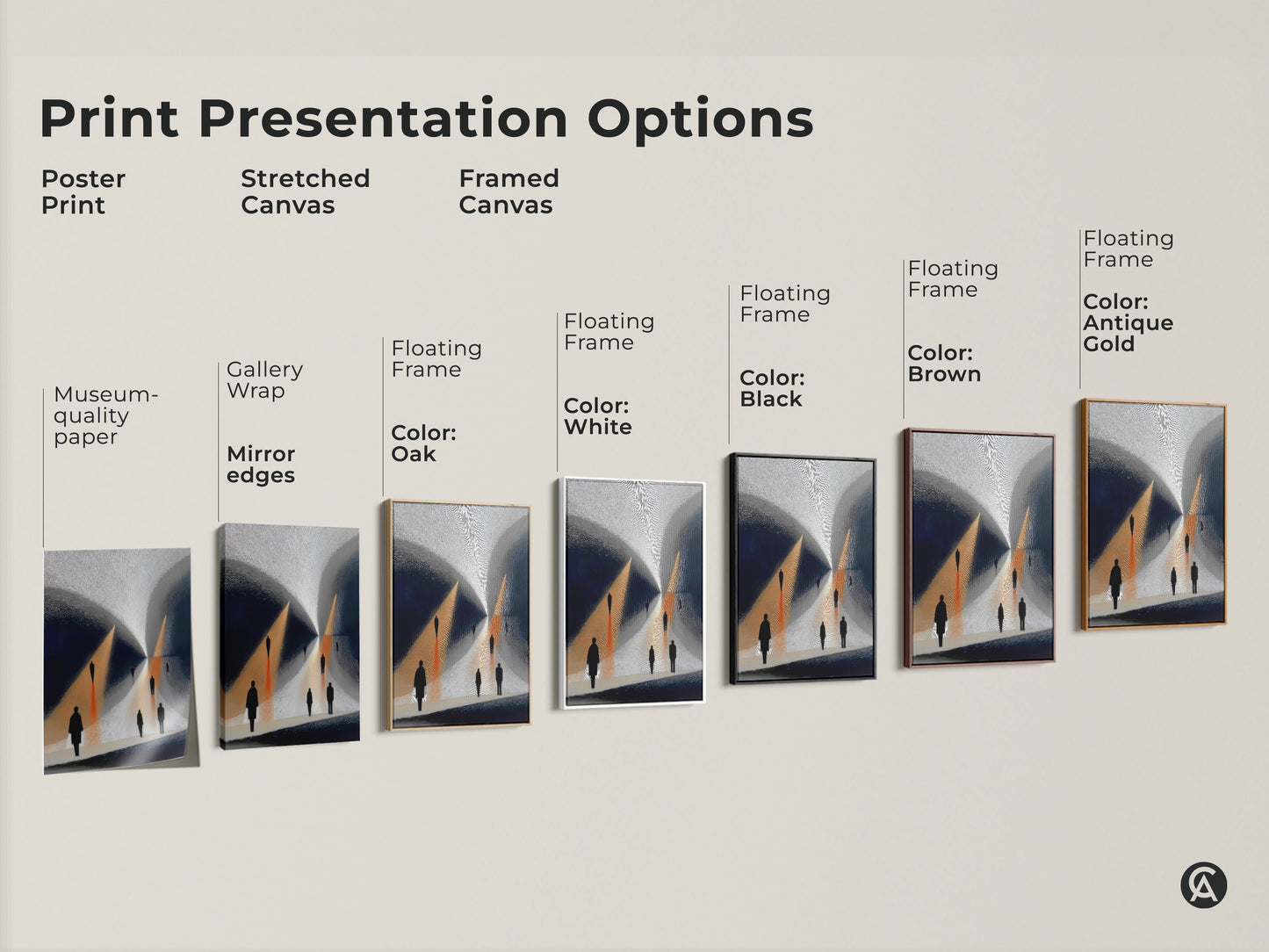 Print Presentation Options shows Poster Print Stretched Canvas and Framed Canvas. Gallery Wrap has mirror edges. Floating Frames are available in Oak White Black Brown Antique Gold. Gold Navy Abstract Art featuring minimalist silhouettes walking a surreal path is shown.