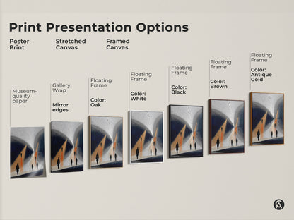 Print Presentation Options shows Poster Print Stretched Canvas and Framed Canvas. Gallery Wrap has mirror edges. Floating Frames are available in Oak White Black Brown Antique Gold. Gold Navy Abstract Art featuring minimalist silhouettes walking a surreal path is shown.