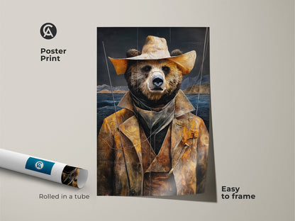Poster Print of the golden yellow bear cowboy art. Rolled in a tube this rustic animal art print is easy to frame. The earthy tones landscape canvas adds a touch of wildlife art to any space nature is calling.