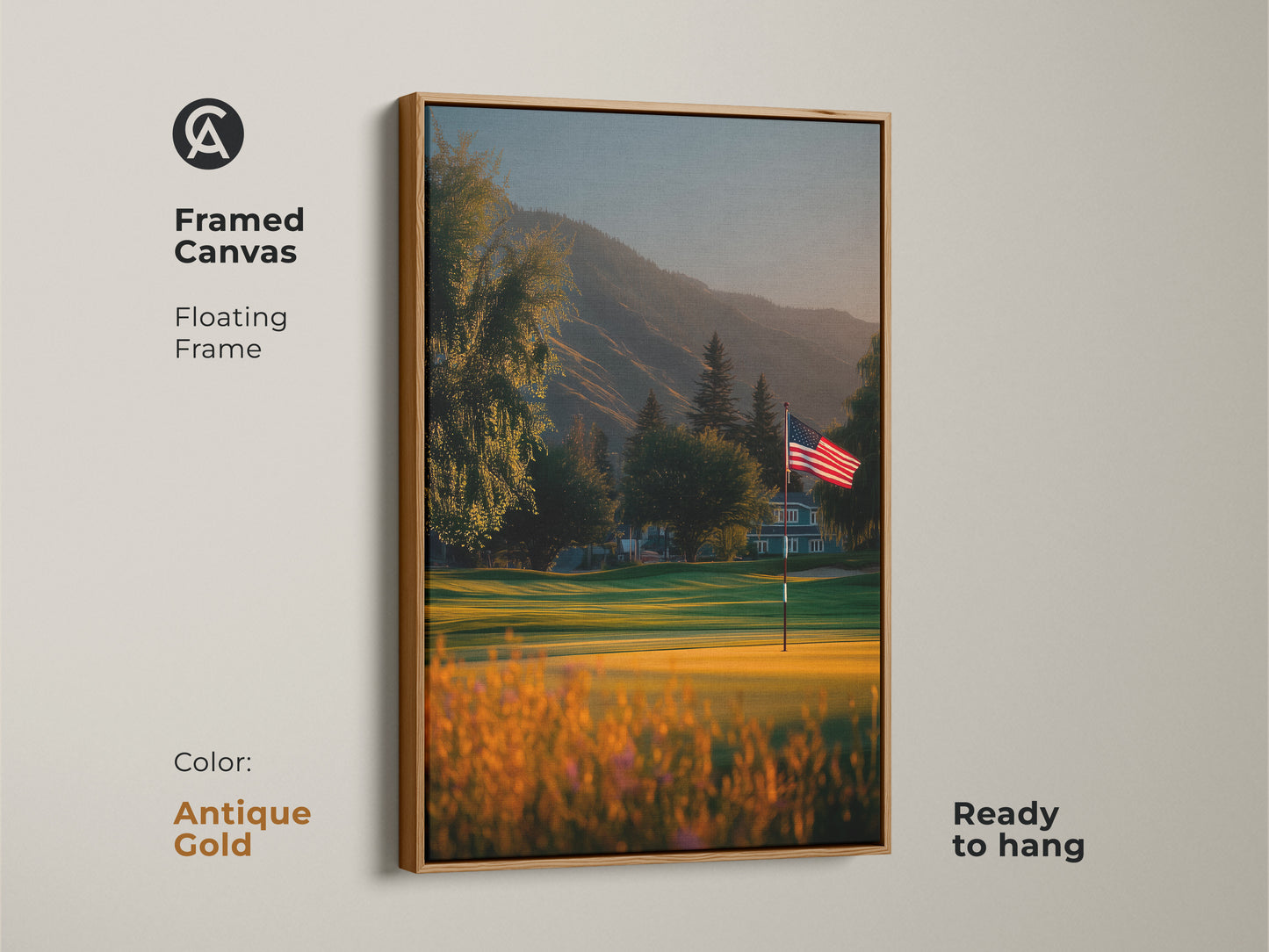 Antique gold framed canvas art featuring an American flag waving on a green golf course. The floating frame complements the artwork. It is ready to hang. Enhance your home with this timeless patriotic piece.