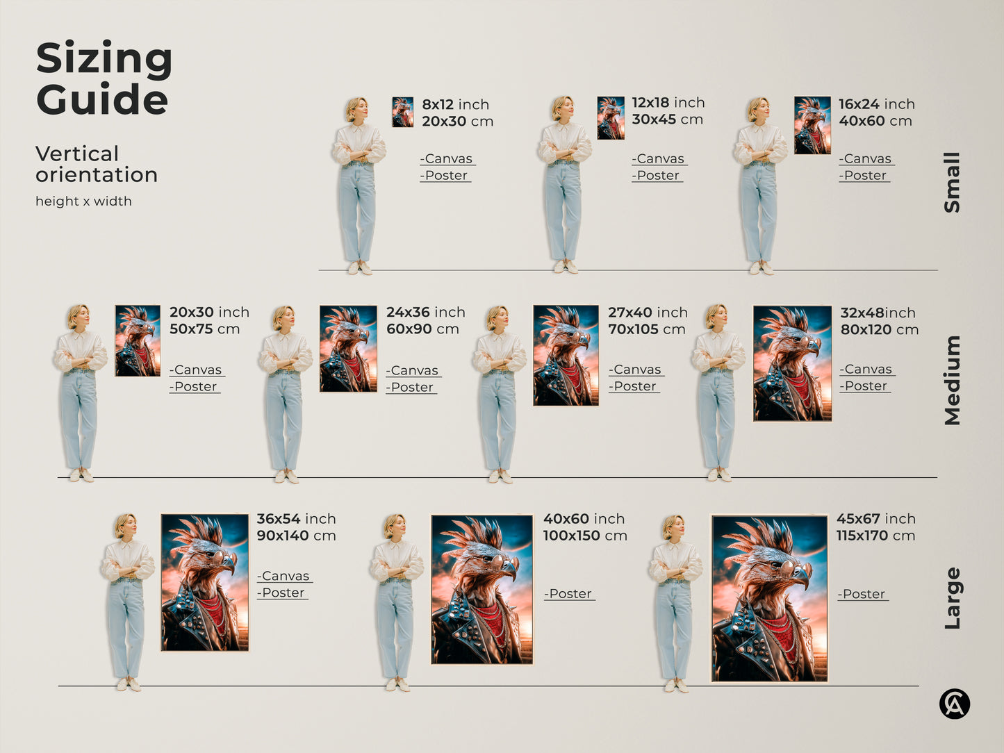 Sizing guide for the vertical rocker eagle canvas artwork. Available in small medium and large sizes. This punk rock animal print is perfect for a man cave gift. The blue and orange wall decor adds a unique touch. Find the perfect fit now.