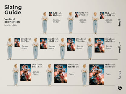 Sizing guide for the vertical rocker eagle canvas artwork. Available in small medium and large sizes. This punk rock animal print is perfect for a man cave gift. The blue and orange wall decor adds a unique touch. Find the perfect fit now.