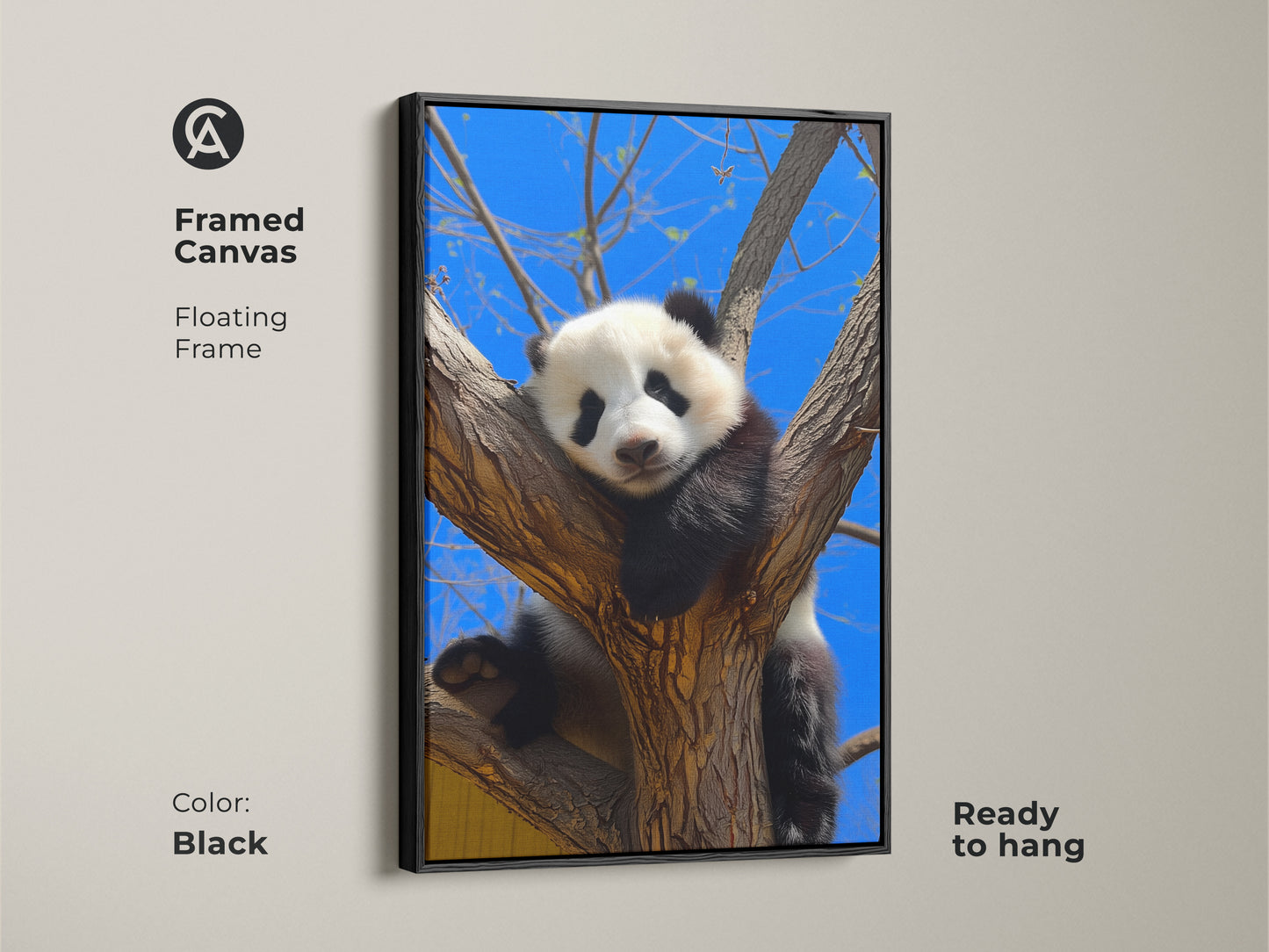 Black framed canvas of a panda in a tree. This ready to hang artwork features a photorealistic animal. The blue sky and cute panda enhance any room. A great gift for wildlife art lovers.