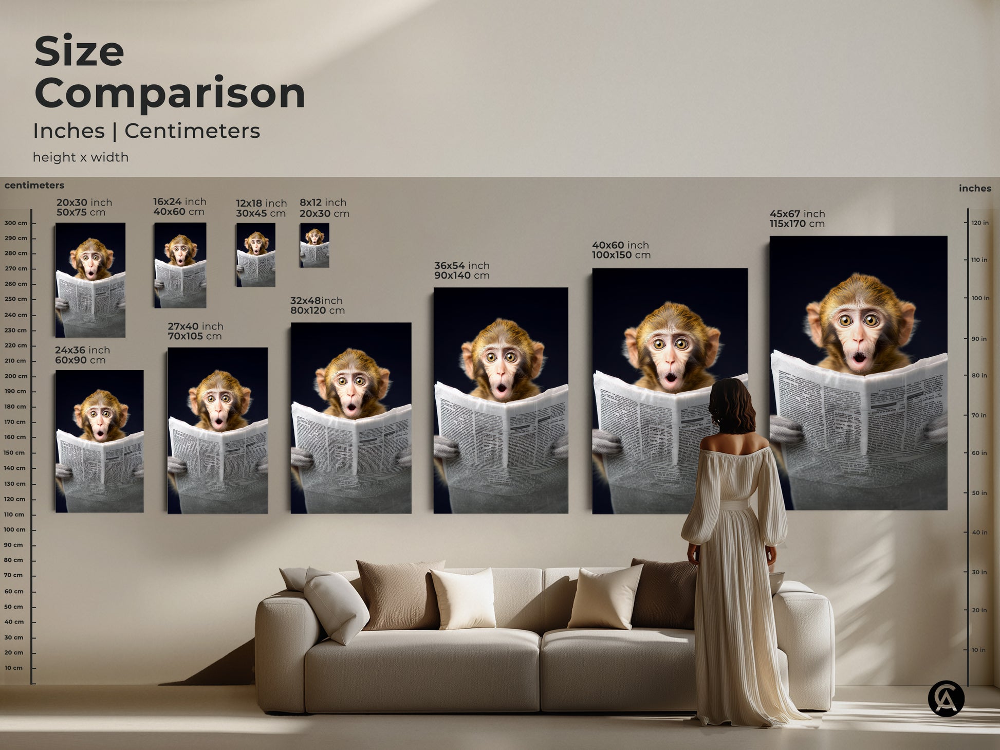 Compare sizes of this monkey reading newspaper artwork in inches and centimeters. Visualize how the animal portrait print fits above a sofa. See the scale of canvas and poster options in different room settings. Perfect for eclectic home decor this whimsical animal print adds charm to any space. It is a great gift for animal lovers and office workers.