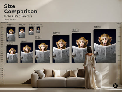 Compare sizes of this monkey reading newspaper artwork in inches and centimeters. Visualize how the animal portrait print fits above a sofa. See the scale of canvas and poster options in different room settings. Perfect for eclectic home decor this whimsical animal print adds charm to any space. It is a great gift for animal lovers and office workers.