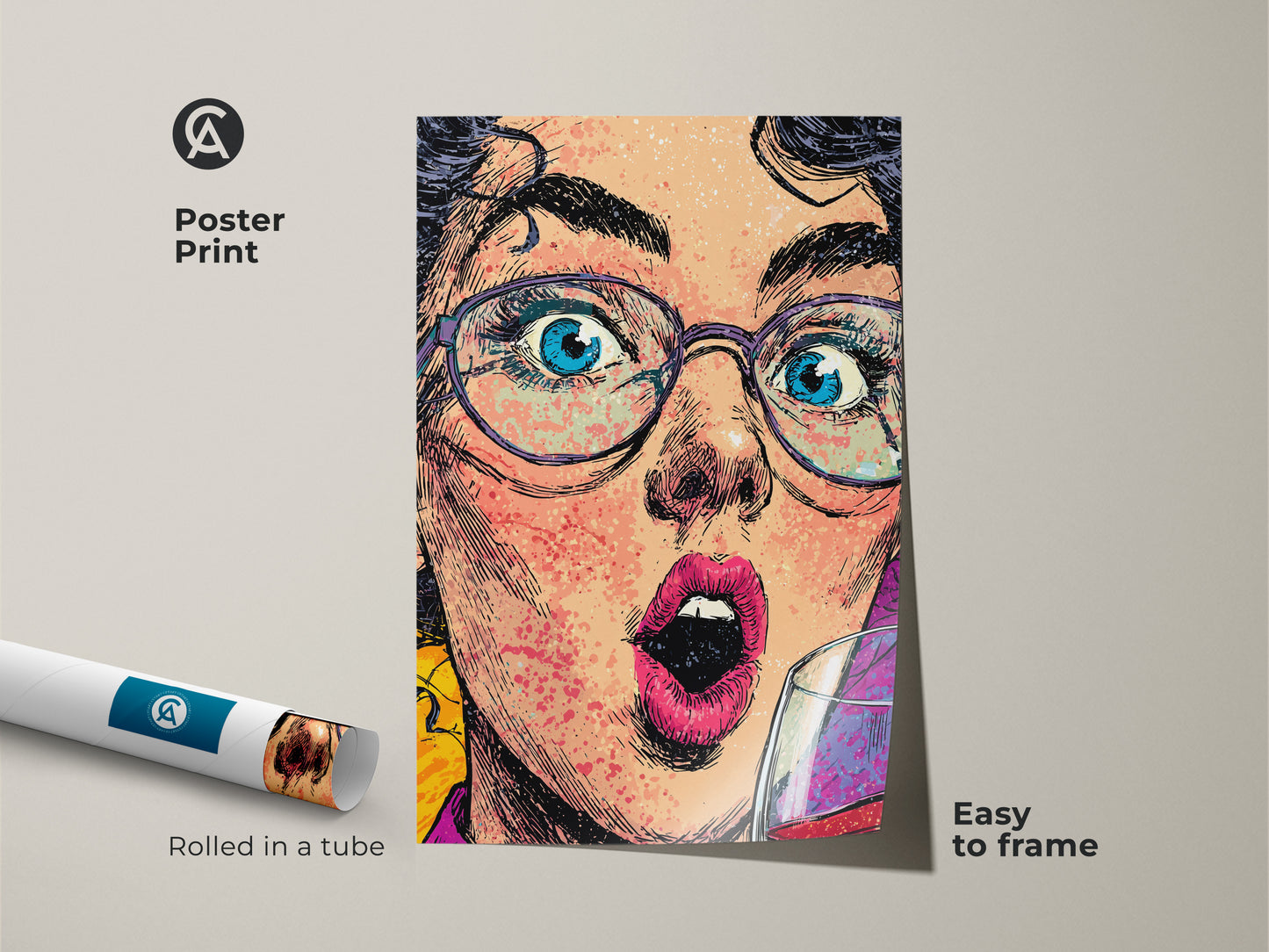 Easy to frame poster print of a pop art woman. The artwork is rolled in a tube for protection. The design features bold colors and a graphic face. This modern art is a great birthday gift for her. It's perfect for a cocktail enthusiast or wine lover.