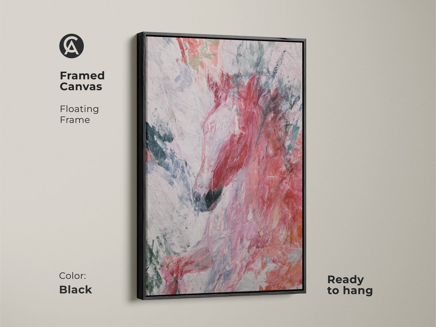 Framed canvas featuring an abstract horse artwork in a floating black frame. The expressive animal print showcases coral and teal colors adding a bold statement to any wall. This piece is ready to hang and brings an eclectic touch to your home decor. It is perfect for horse lovers seeking a unique focal point.