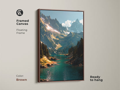 Framed canvas with a brown floating frame showcasing mountain artwork. The turquoise lake and mountain landscape create a stunning focal point. This ready-to-hang art enhances any room's decor.