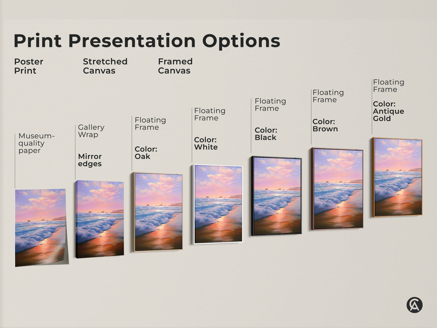 Explore print presentation options for coastal sunset wall art. Choose from poster stretched framed canvas. Each brings the impressionist ocean waves of pink purple beach to life. Find the perfect art for coastal home.