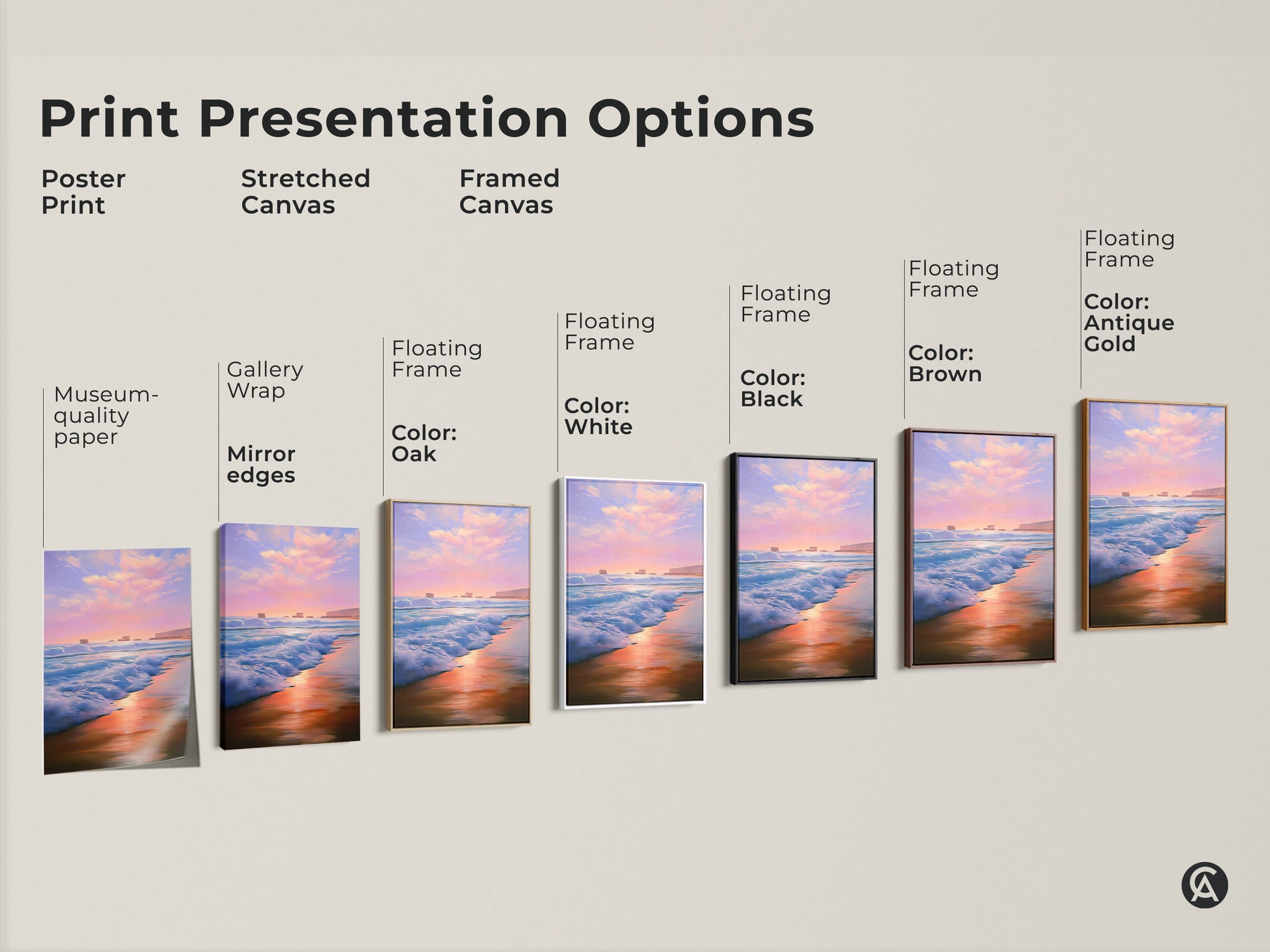 Explore print presentation options for coastal sunset wall art. Choose from poster stretched framed canvas. Each brings the impressionist ocean waves of pink purple beach to life. Find the perfect art for coastal home.