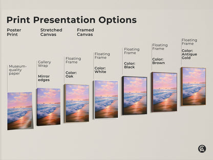 Explore print presentation options for coastal sunset wall art. Choose from poster stretched framed canvas. Each brings the impressionist ocean waves of pink purple beach to life. Find the perfect art for coastal home.