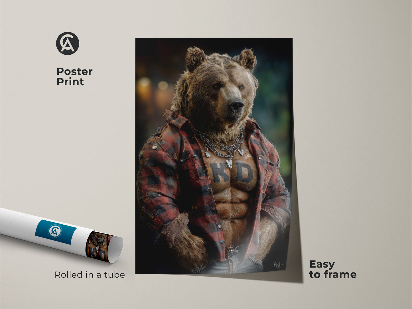 Poster print of a flannel shirt bear art. This surreal animal art is easy to frame. It is a unique wall hanging. It is a perfect rustic man cave gift. It is also great for a bear lover present.