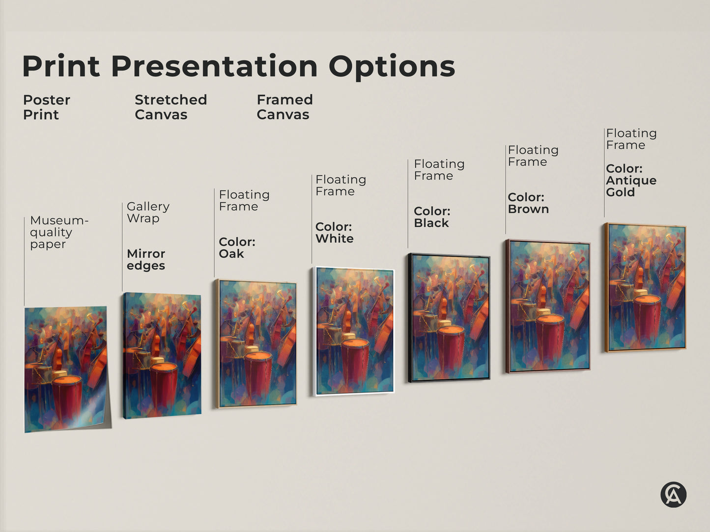 Explore print presentation options for abstract music art. Choose from poster prints stretched canvas and framed canvas. Find the perfect style for your music room home office or studio.
