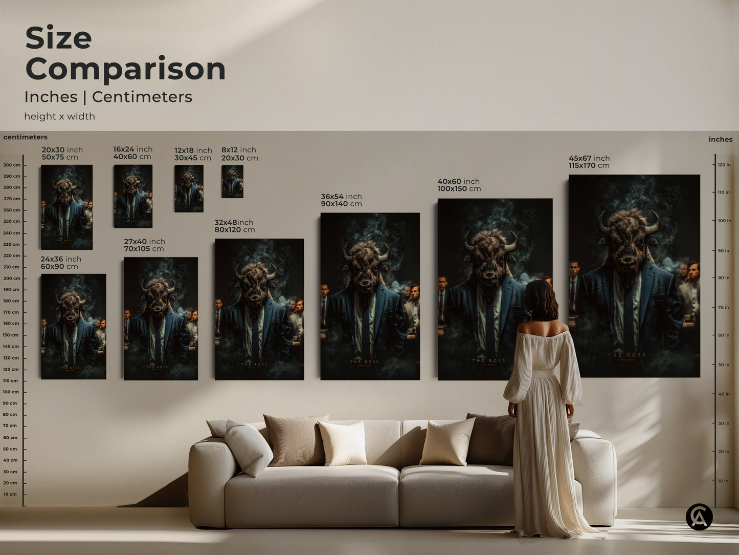 Size comparison of the bull-headed boss artwork. See how different sizes look in a living room setting. Available in inches and centimeters. Perfect for canvas or poster prints. Find the ideal size for your home decor.