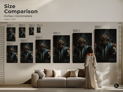 Size comparison of the bull-headed boss artwork. See how different sizes look in a living room setting. Available in inches and centimeters. Perfect for canvas or poster prints. Find the ideal size for your home decor.