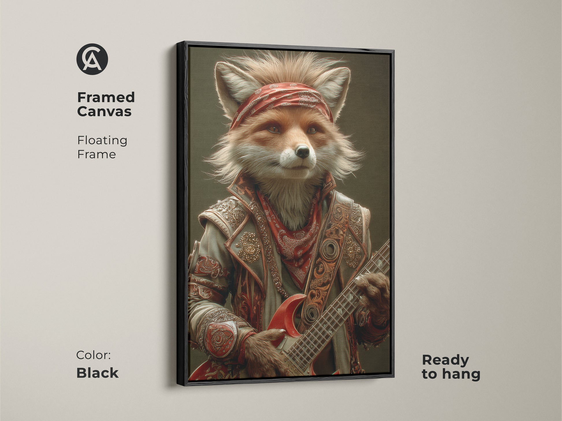 Framed in black this canvas showcases a rockstar fox playing electric guitar. The floating frame adds a touch of sophistication to this cool animal musician art. Ready to hang this piece is ideal for eclectic home decor and brings a unique musical vibe to any man cave.
