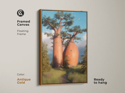 Antique gold framed canvas artwork featuring an African Savanna landscape. Realistic nature photography shows iconic baobab trees. Ready to hang this orange blue green art enhances eclectic interiors. It's a unique housewarming gift for travel lovers.