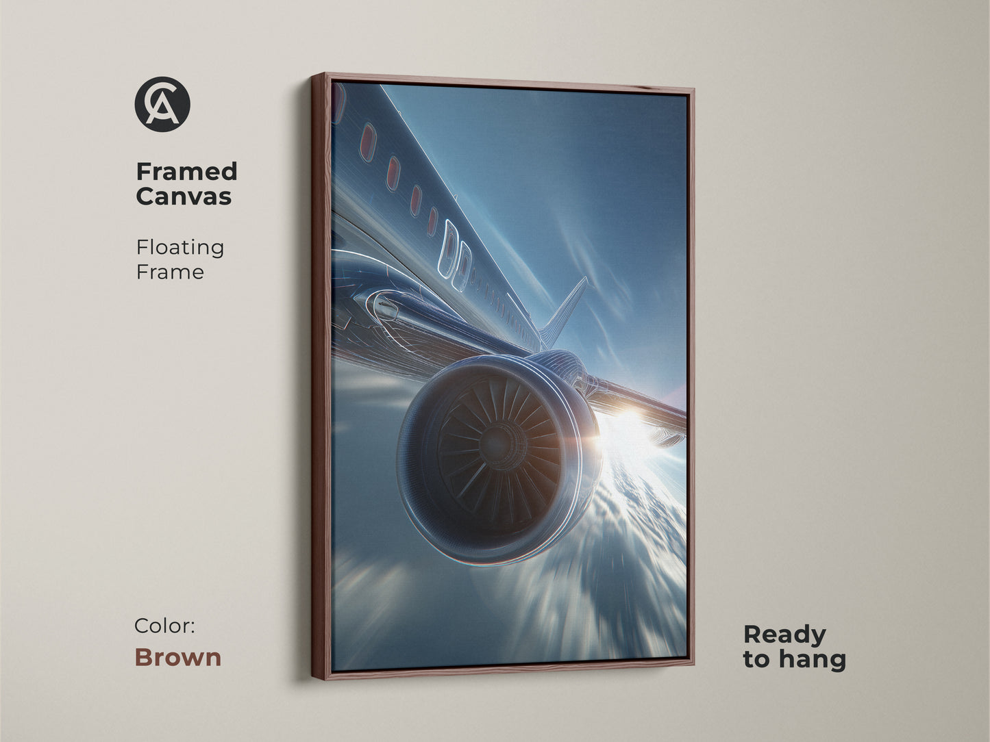Framed canvas featuring a futuristic jet engine against a deep blue sky. The aviation artwork is ready to hang with a floating brown frame. This modern airplane wall art is perfect for an executive office. The sleek metallic artwork adds a contemporary touch to any space.