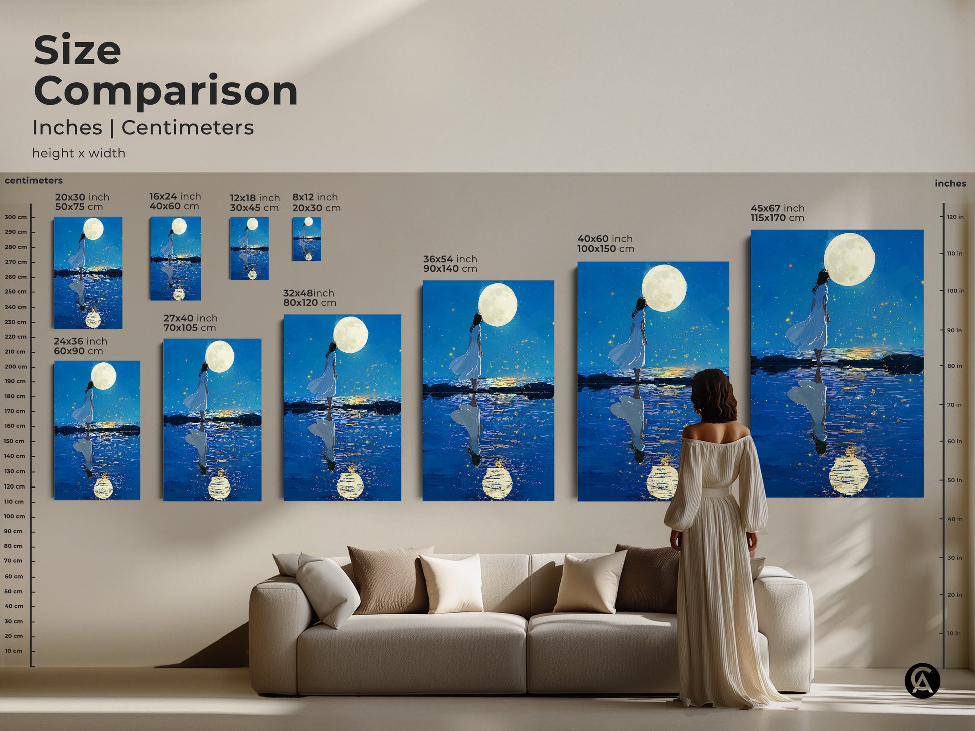 Size comparison of celestial art prints in inches and centimeters. The artwork features a woman under the moon. It is perfect for adding a dreamy touch to your home decor.