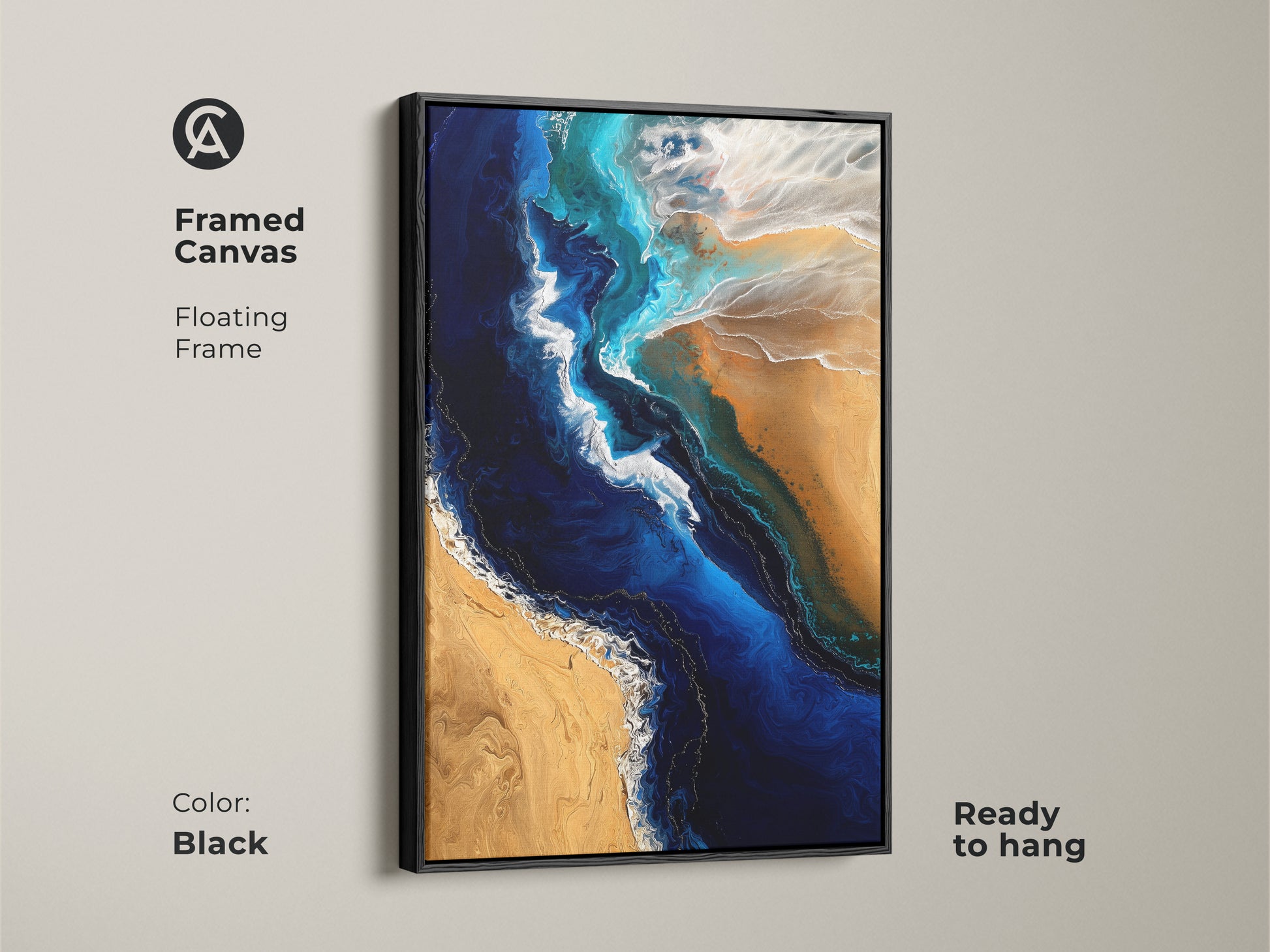 Framed canvas of abstract ocean artwork with a black floating frame. This contemporary beach art features deep blue and sandy gold tones. The ocean theme wall art is ready to hang. It is a modern coastal art piece. The artwork brings a touch of the beach to any room.