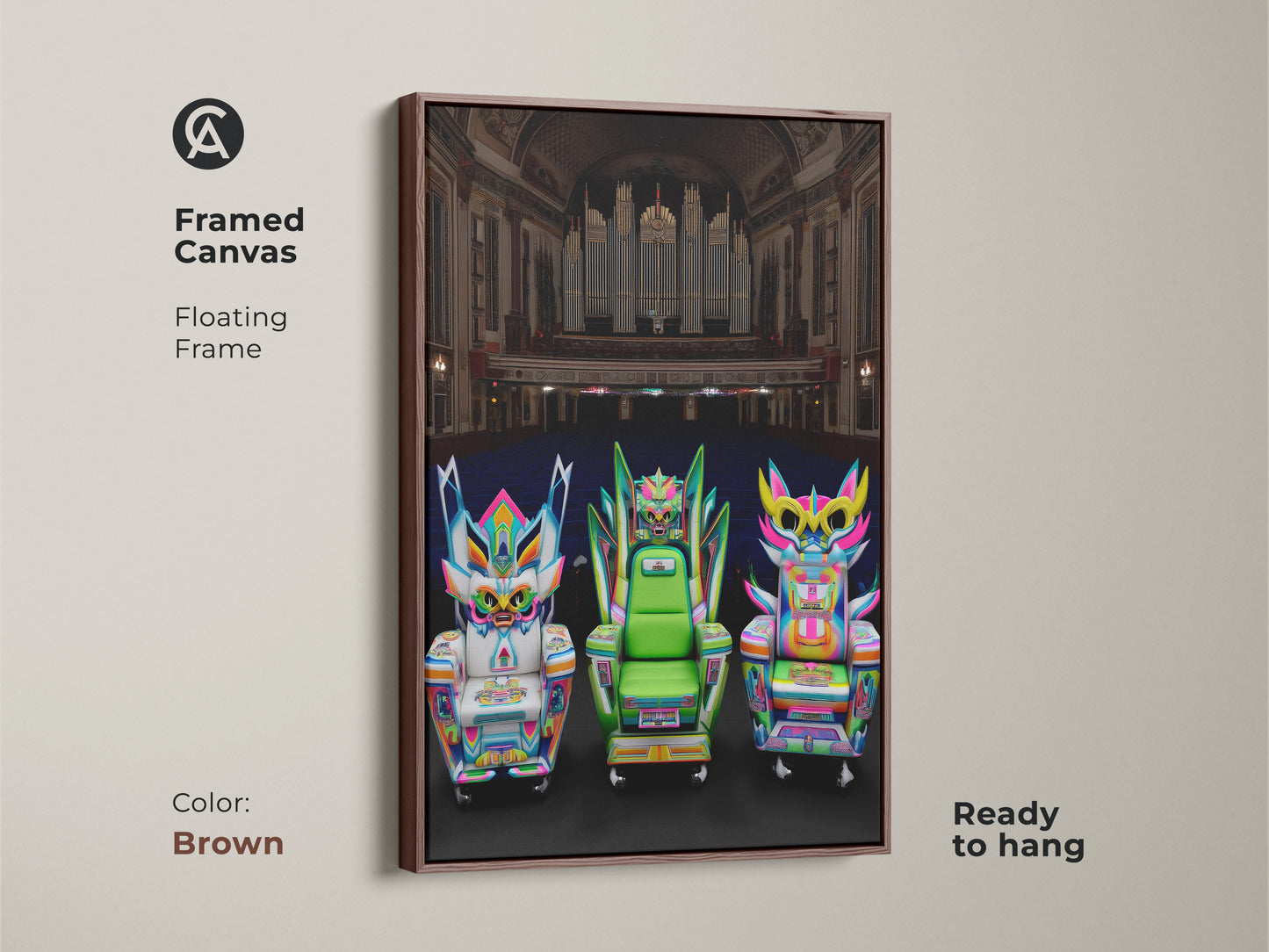 Framed canvas of fantasy chairs artwork with floating frame in brown. Neon pink and electric blue hues create vibrant interior decor. This unique pop culture decor is perfect for an eclectic entertainment room. Ready to hang wall art serves as a conversation starter.