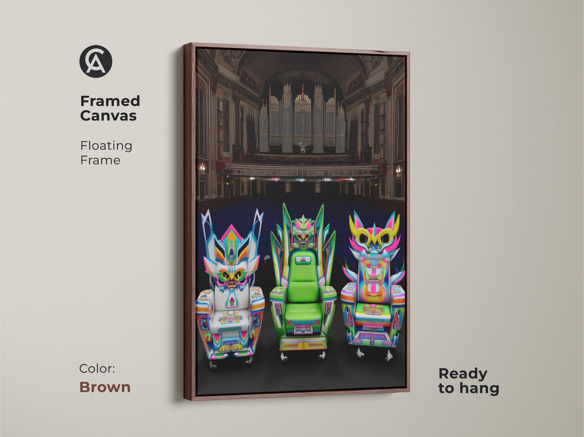 Framed canvas of fantasy chairs artwork with floating frame in brown. Neon pink and electric blue hues create vibrant interior decor. This unique pop culture decor is perfect for an eclectic entertainment room. Ready to hang wall art serves as a conversation starter.
