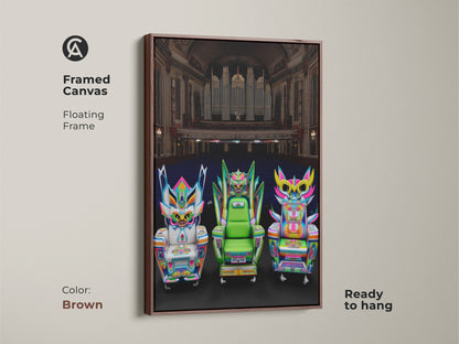 Framed canvas of fantasy chairs artwork with floating frame in brown. Neon pink and electric blue hues create vibrant interior decor. This unique pop culture decor is perfect for an eclectic entertainment room. Ready to hang wall art serves as a conversation starter.