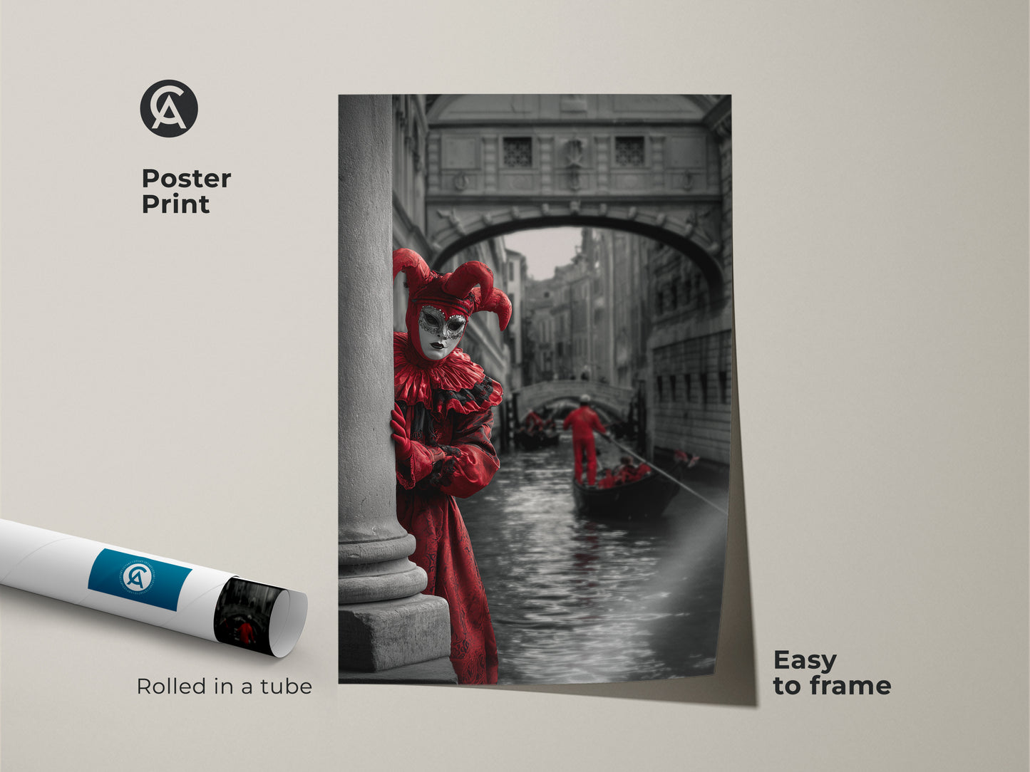 This is a poster print showcasing Venetian architecture. The red jester costume art features a theatrical wall art print. See the Gondola canal in Venice. This masquerade ball artwork is easy to frame. The Carnival Venice art comes rolled in a tube.