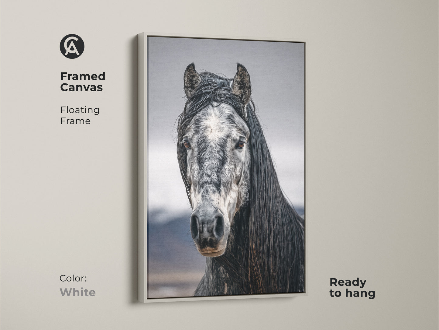 Framed canvas with a floating frame in white. Black and white horse art for rustic bedroom wall decor. Ready to hang equestrian gift for her. Photorealistic horse canvas print.