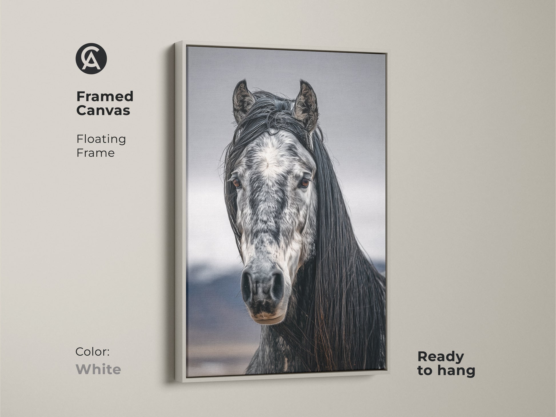 Framed canvas with a floating frame in white. Black and white horse art for rustic bedroom wall decor. Ready to hang equestrian gift for her. Photorealistic horse canvas print.