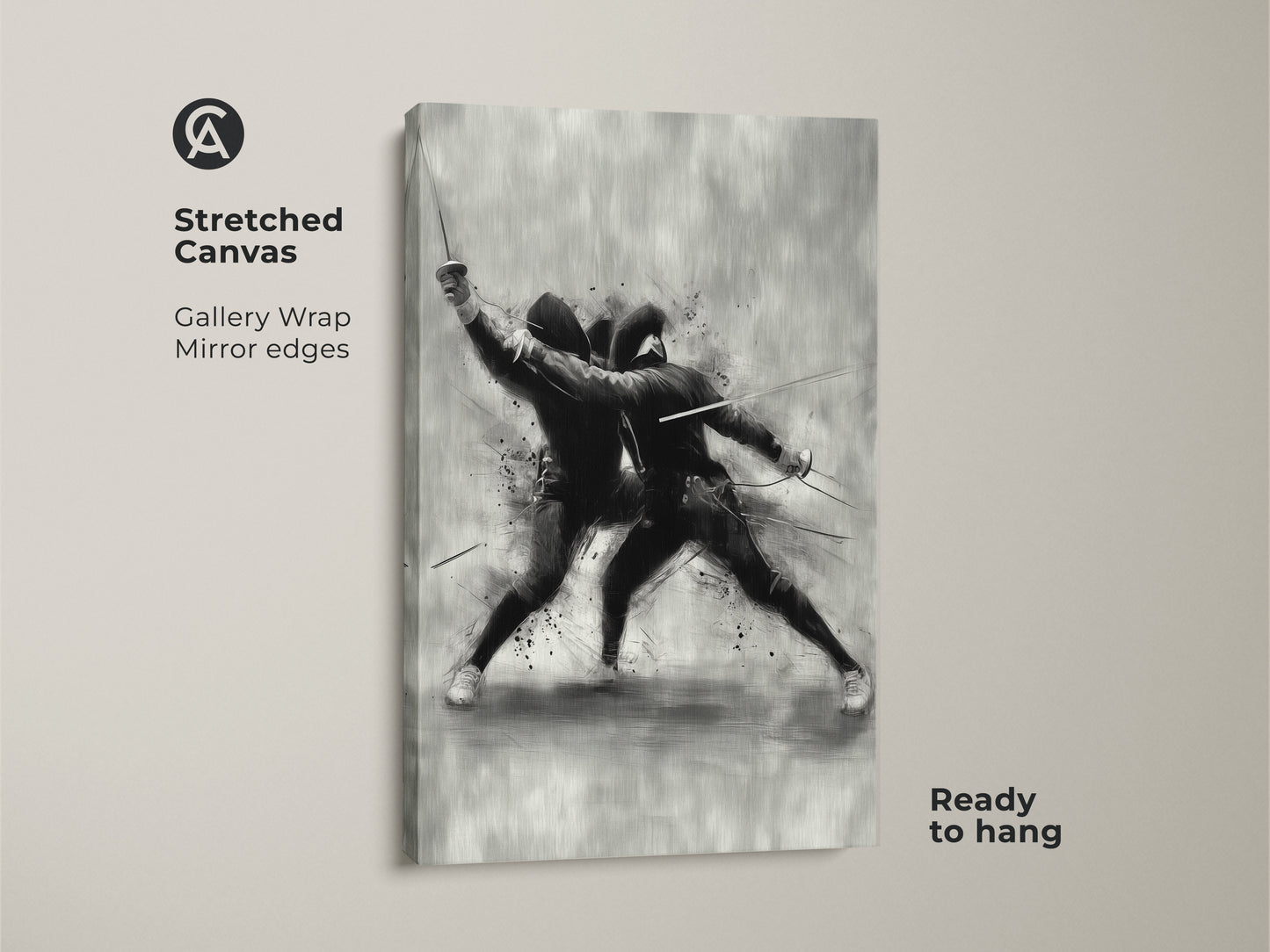 Stretched canvas of a dynamic fencing duel. The modern sketch wall art is ready to hang. This black and white sports decor is a gallery wrapped canvas. It's a perfect office study gift art for sports enthusiasts.