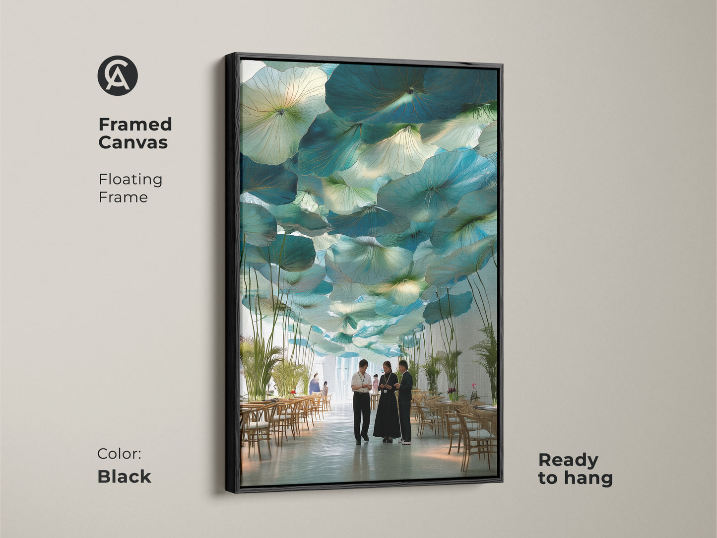 Framed canvas with a floating frame in black. Teal and green lotus leaf artwork in a dining space. Modern botanical wall art is ready to hang. Abstract nature print enhances contemporary decor. It's a housewarming gift.